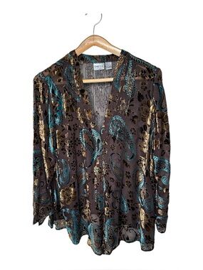 Chico’s Size 3 Velvet Burnout One Button Sheer Blouse Cardigan Silk Blend Floral